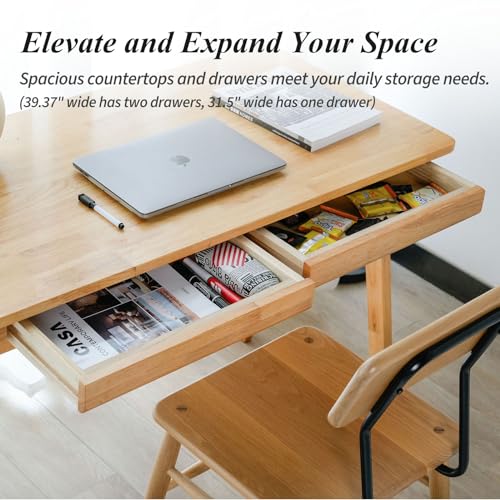 Computer Desk with Drawers, Solid Wood Writing Desk, Mid Century Modern Home Office Desks, Oak Study Table, Small Desk for Bedroom, 29.1 H x 39.4 W x 21.7 D Inches, Natural - color: Natural