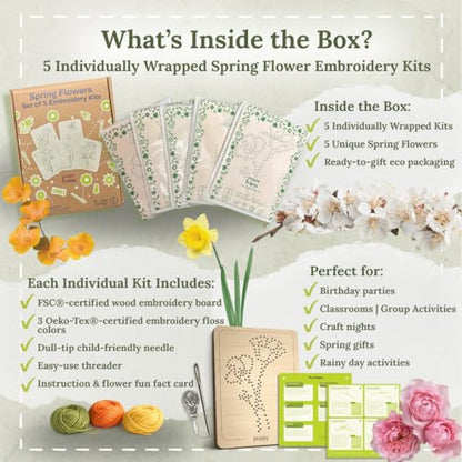 Wooden Flower Lacing Embroidery Kits for Beginners, Set of 5 Learn-to-Stitch Craft Boards, Sewing & Embroidery Art Kits for Kids Ages 8+, DIY Craft Projects, Educational Gifts, Party Favors (Spring) - style: Spring