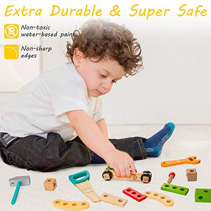 WOODMAM Wooden Kids Tool Set, 37Pcs Learning Construction Toy with Tool Box, Montessori Educational Building Toys Gift for 3+ Years Old Boys Girls - style: Standard