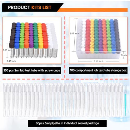 100pcs 2ml vials with caps Plastic Cryogenic Test Tubes with caps lab cryovial Tube Container cryovials with 30pcs 3ML Dropper Pipette (100pcs 2ml Test Tube) - size: 100pcs 2ml test tube