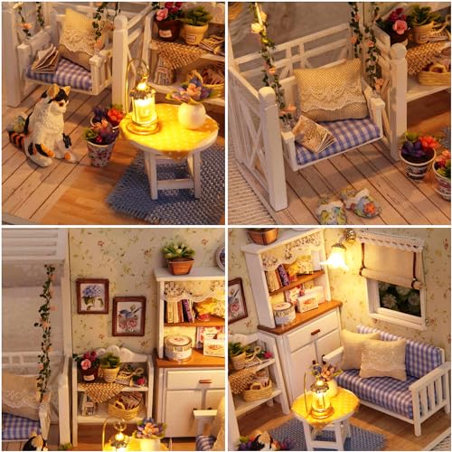 Miniature Dollhouse DIY Set with Decoration Furniture and LED Lights, Kitten Diary Style, 1;24 Scale DIY Dollhouse with English Instructions