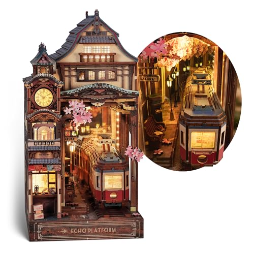 FUNPOLA Sakura Train Book Nook Kit – LED 3D Wood Puzzle with Infinity Mirror – DIY Bookshelf Decor, Miniature Craft Gift for Adults - color: Echo Platform