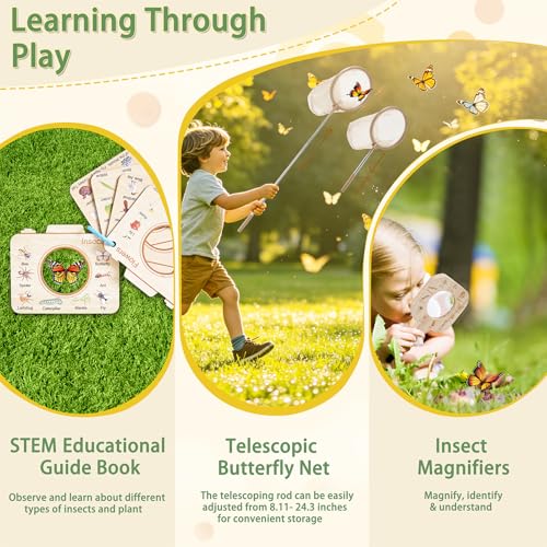 Wooden Bug Catcher Kit for Kids Ages 3-8, 11PCS Outdoor Nature Explorer Kit with Bug Habitat, STEM Educational Guide, Butterfly Net & Magnifying Glass, Montessori Catching Toy & Camping Gift