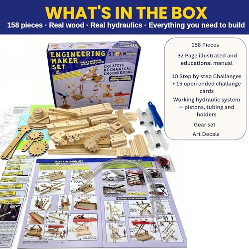 PATHFINDERS Engineering Maker Set — Real Wood STEM Building Kit | Hydraulics, Gears, Levers & Pulleys | 10 Challenges + 15 Challenge Cards | Ages 8+