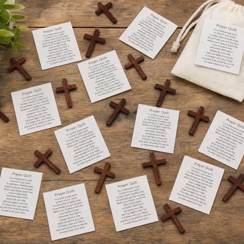 50Pcs Pocket Prayer Quilt Labels Bulk with Mini Wooden Cross Baptism Favors