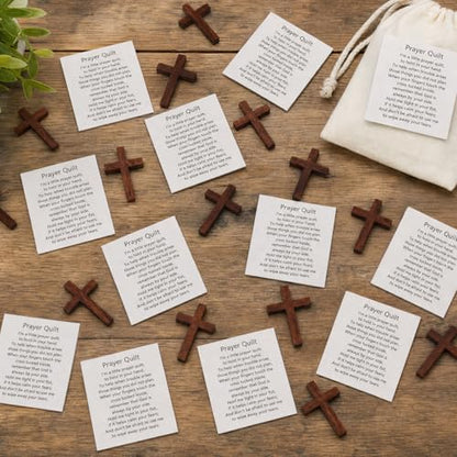 50Pcs Pocket Prayer Quilt Labels Bulk with Mini Wooden Cross Baptism Favors