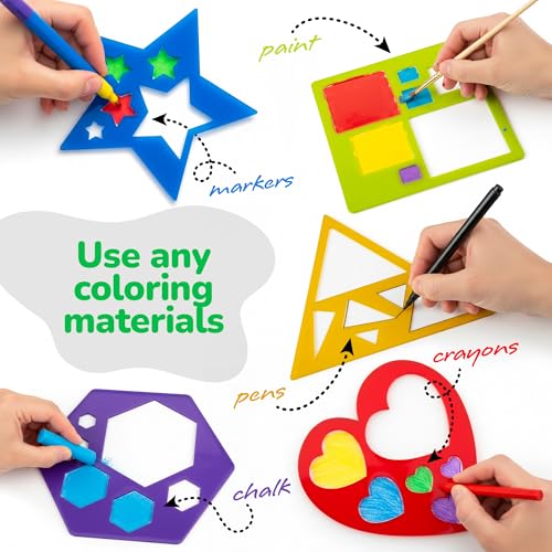 Karty Thick Shape Stencil Set with Case, 10pcs Sturdy Plastic Drawing Templates for Kids, Teacher Classroom Supplies and Preschool Arts & Crafts, Colorful Learning Kit for Toddlers Ages 4+
