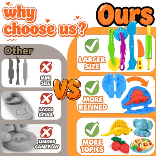 31 Pcs Dough Tools, Dough Play Tools Set + Kitchen Spaghetti Maker Machine Clay and Dough Accessories with Rolling Pins, Clay Cutters, Safety Scissors, 3D Dino & Animal & Fruit Molds