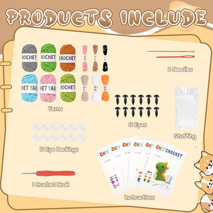 FHFTHYH 6Pcs Crochet Kit for Beginners, DIY Craft for Adults, Great Gift for Crochet Lovers, Crocheting Animal Kits with Step by Step Videos,Yarn,Crochet Hook,Birthday Holiday Gift