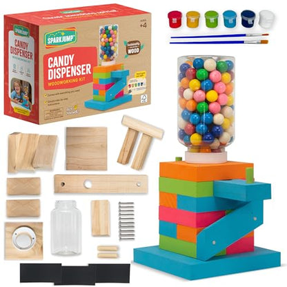 SparkJump Candy Dispenser Woodworking Kit – Complete STEM Building Kit for Kids with FSC-Certified Wood, Paints & Tools, DIY Gumball Machine Craft for Boys & Girls, Ages 6+