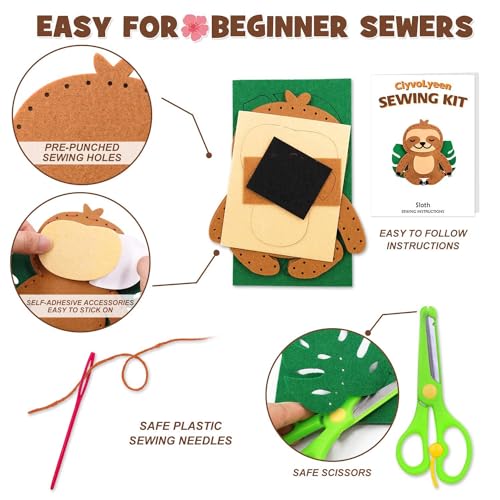 CiyvoLyeen Kids Sewing Kit Crafts – DIY Sloth & Jungle Animal Felt Crafts Sewing Set for Girls & Boys Ages 8–12 Learn to Sew 8 Cute Animal Projects - color: Sloth-8 Pcs