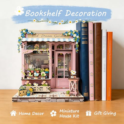 DIY Miniature Dollhouse Book Nook Kit with LED Lights, Mini Bookshelf Insert Decor for Adults & Teens, Creative Craft Gift for Family, Friends & Book Lovers (Pink Flower Shop) - style: Red Dream Garden