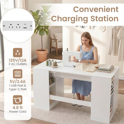 COSTWAY Sewing Machine Table with Power Outlets, Massive Storage (White) - color: White