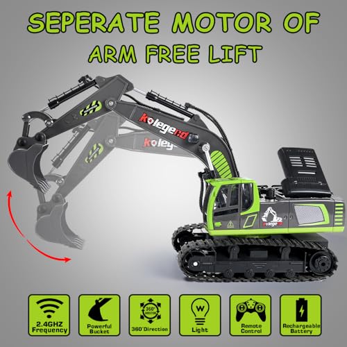 kolegend Remote Control Excavator Toy 16 Inch, 11 Channel RC Construction Vehicles Hydraulic Haulers Digger Toys Gift for 6 7 8 9 10 Years Old Kids Boys - color: Green