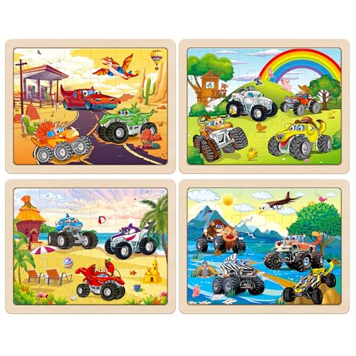 SYNARRY Large Wooden Monster Truck Puzzles for Kids Ages 4-6, Kids Gifts - style: Vehicle