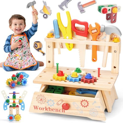REXBETI Kids Tool Set, Wooden Toddler Tool Bench, Pretend Construction Kit