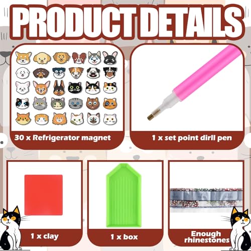 Remuuly 30 Pcs Cat and Dog Diamond Painting Magnets Diamond Art Magnets Kit - color: Cat and Dog