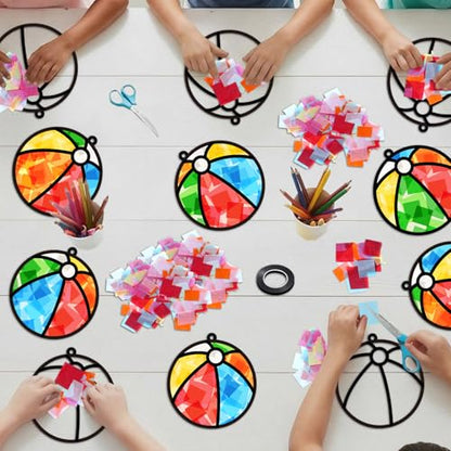 Qyeahkj 36 Set Beach Balls Suncatchers Craft for DIY Summer Party Paper Craft Kit Game Beach Balls Stained Glass Window Ornaments Decoration for Home Art Project Party Favor Gift - style: Beach Balls
