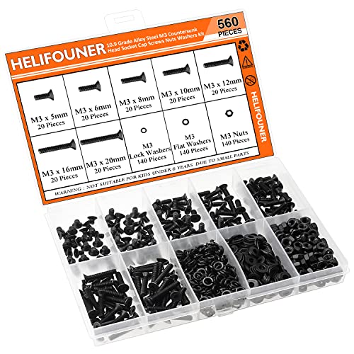 HELIFOUNER 560 Pieces M3 x 5mm /6mm /8mm /10mm /12mm /16mm /20mm, Countersunk Head Socket Cap Screws Bolts Washers Nuts Kit, 10.9 Grade Alloy Steel, Full Threaded, Black - size: M3, style: Countersunk Head