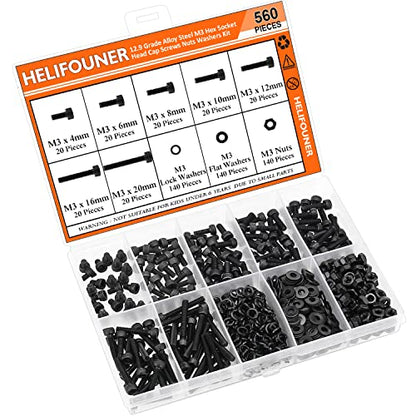 HELIFOUNER 560 Pieces M3 x 4mm /6mm /8mm /10mm /12mm /16mm /20mm, Hex Socket Head Cap Screws Bolts Washers Nuts Kit, 12.9 Grade Alloy Steel, Full Threaded, Black - size: M3, style: Socket Head