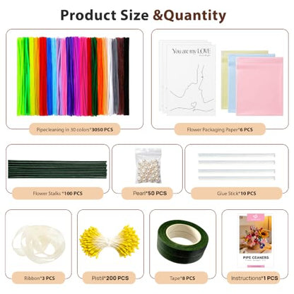 3050 Pcs Pipe Cleaner Flower Kit, Complete DIY Flower Bouquet Making Kit, - color: Colour3000