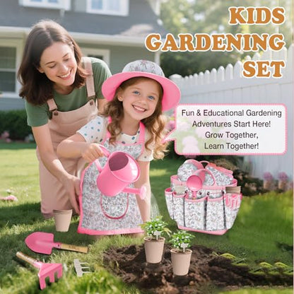 Kids Gardening Tool Set 18PCS Outdoor Toys Tote Bag Watering Can Apron Pink - color: Pink