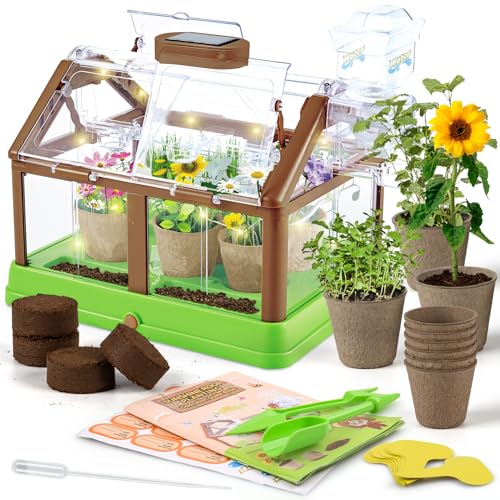 Kids Plant Growing Kit - Kids Greenhouse & Flower Growing Kit with Upgraded Irrigation & Grow Light – Perfect Gardening for Kids（Solar Green）