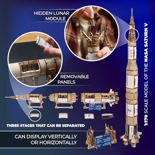 UGEARS NASA Saturn V 3D Puzzles for Adults - Wooden Model Kits for Adults Model Rocket Full Kit Space Shuttle Model Aerospace Engineering Gifts Brain Teaser, Hobby Set