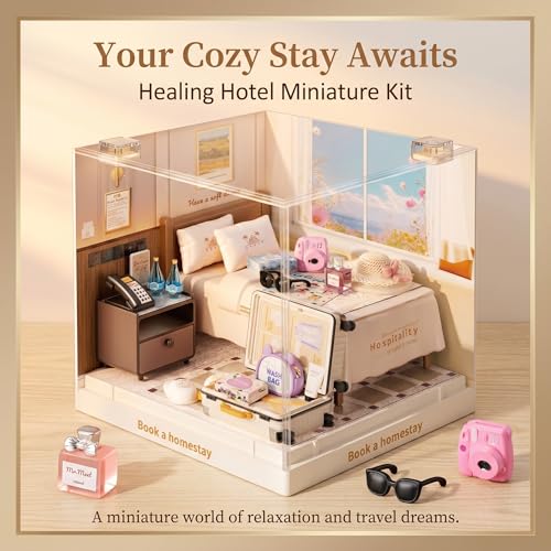 Cozy Hotel Room Miniature House Kit, Plastic DIY Dollhouse with Double Bed & Open Suitcase, Stackable Transparent Dust Cover, Creative Desktop Decor for Adults Teens - color: Hotel Room, size: Small