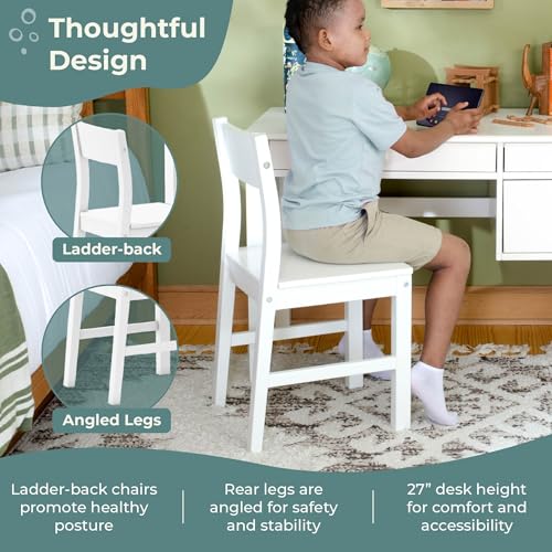 Guidecraft Madison Kids Desk and Chair Set - White: Wooden Table with Storage and Drawers | Children's Workstation, Computer Table and Chair Set for Bedroom Furniture | Study & Activity Desk for Kids - size: Desk and Chair Set