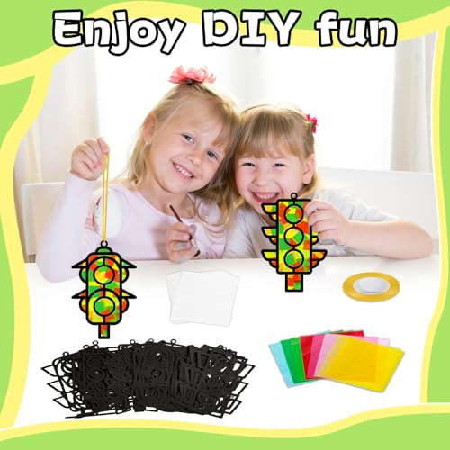 QOUBAI 32 Sets Traffic Light Suncatchers Craft Kit DIY Window Stained Glass Effect Traffic Lamp Paper Crafts Home School Classroom Decoration Kid Birthday Gift Creative Art Project Activity Game - style: Traffic Light