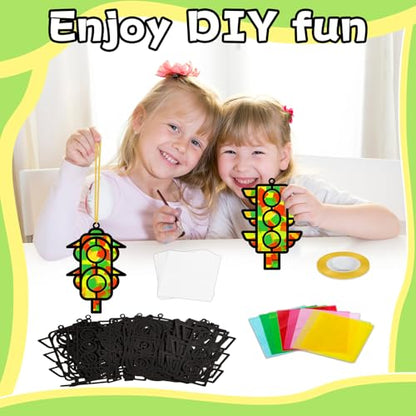 QOUBAI 32 Sets Traffic Light Suncatchers Craft Kit DIY Window Stained Glass Effect Traffic Lamp Paper Crafts Home School Classroom Decoration Kid Birthday Gift Creative Art Project Activity Game - style: Traffic Light