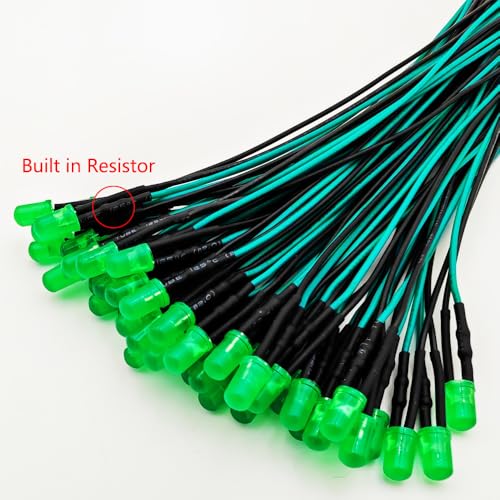 Gebildet 50pcs 3V-4.5V-5V-6V-7.5V-9V-12VDC 5mm Green LED Lights Emitting Diodes, 12VDC Prewired 7.9 Inch V LED Light Diffused Colored Lens Small LED - color: Green-5mm-12V