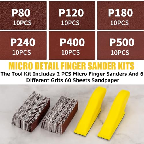 Micro Finger Sander for Crafts 2 Pack with 60 PCS 3.5 x 1 Inch Sandpaper 80 120 180 240 400 600 Grit Mini Gator Sanding for Crafts DIY Wood Finishing Tight Narrow Space Detail Polishing - color: 2 Pack Sander + 60 Sheets Sandpaper (Red)