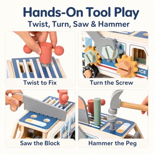 Kids Tool Set, 44 PCS Wooden Toddler Tool Box Workbench Kit with Hammer, Police Car Montessori STEM Educational Construction Building Pretend Play Toy, Birthday Gift for Ages 3-6 Year Old Boys Girls