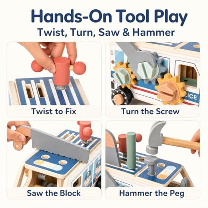 Kids Tool Set, 44 PCS Wooden Toddler Tool Box Workbench Kit with Hammer, Police Car Montessori STEM Educational Construction Building Pretend Play Toy, Birthday Gift for Ages 3-6 Year Old Boys Girls
