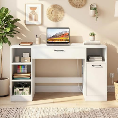 COSTWAY Sewing Machine Table with Power Outlets, Massive Storage (White) - color: White