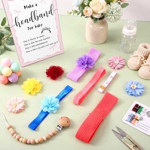Geosar Baby Shower Games DIY Headband Making Kit Include Wooden Game Sign Elastic Cute Flowers Hairbands Round Fabrics and Tape Makes 30 Headbands for Baby Shower Guest Games(Bow) - style: Bow