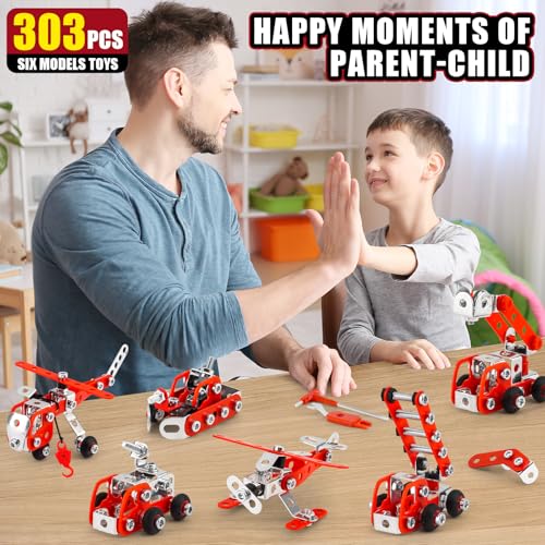 Building Fire Truck Set For Boys Age 8-12，Stem Assembly Metal 3-d Puzzle Fire Engine Model Car Building Kit Construction Toys，Parent-Child Interaction Gifts Erector Sets For Kids 8-16 Red（303pcs）