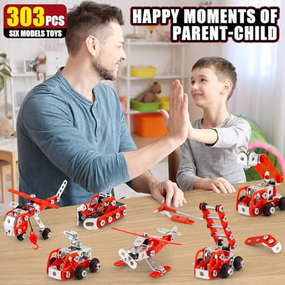 Building Fire Truck Set For Boys Age 8-12，Stem Assembly Metal 3-d Puzzle Fire Engine Model Car Building Kit Construction Toys，Parent-Child Interaction Gifts Erector Sets For Kids 8-16 Red（303pcs）