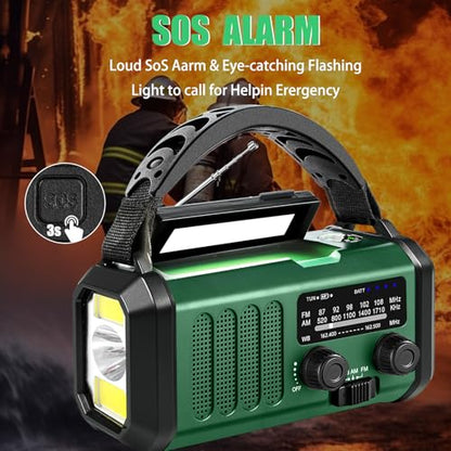 Emergency Weather Radio 20000mAh NOAA/AM/FM with 74000mWh USB/Solar/Hand Crank Charging, Battery Operated, SOS Alarm & Flashlight for Indoor/Outdoor Emergencies (Green)