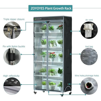 Indoor Greenhouse 6-Tier Plant Stand with Grow Lights & Cover - color: Black+Gray, size: 30" W x 14" D x 72" H