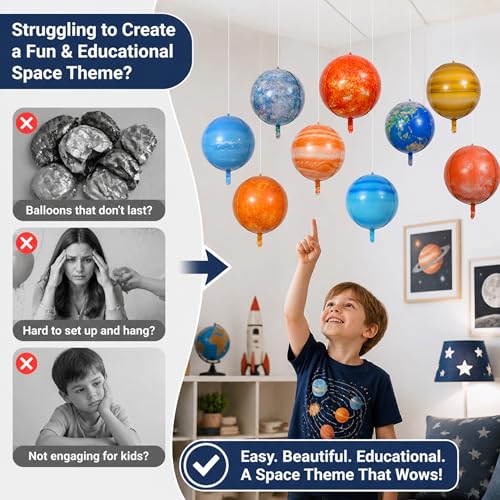 Solar System Balloons Set, Inflatable Planet Balloons with Sun & 8 Planets, Space Party Decorations Hanging Kit, Foil Space Balloons
