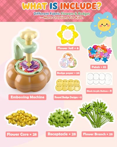 Rainbow World 2 in 1 Fabric Flower Press for Kids, DIY Flower Bouquet Kit with Button Maker, Embossing Tool STEM Toy, Screen-Free Activity for 4-8 Girls Boys - color: Dark brown