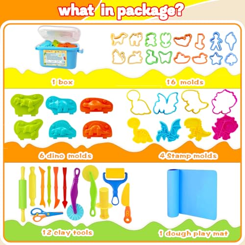 LCY WEDSHI Dough Play Tool Set, 43 Pcs Dough Tools Sets for Kids Ages 4-8 with Storage Container, Dough Accessories Includes 3D Dinosaur Molds, Animal Molds, Cutters Roller, Rolling Pins