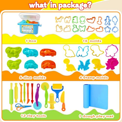 LCY WEDSHI Dough Play Tool Set, 43 Pcs Dough Tools Sets for Kids Ages 4-8 with Storage Container, Dough Accessories Includes 3D Dinosaur Molds, Animal Molds, Cutters Roller, Rolling Pins