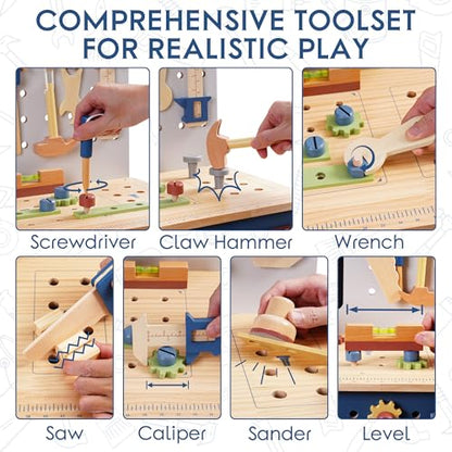 ROBOTIME Kids Wooden Tool Bench Set Large Storage Space Gift for Age 3+