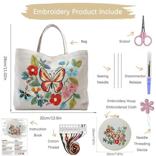 ARTopet Embroidery Tote Bag Kit for Beginners Butterfly Canvas Cross Stitch Handbag with Hoops Needles Threads Reusable Grocery Bag for Women-Butterfly02 - color: Butterfly02