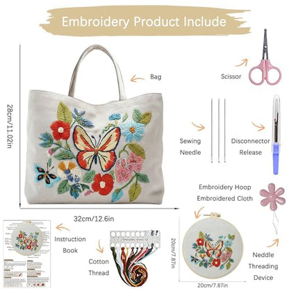 ARTopet Embroidery Tote Bag Kit for Beginners Butterfly Canvas Cross Stitch Handbag with Hoops Needles Threads Reusable Grocery Bag for Women-Butterfly02 - color: Butterfly02