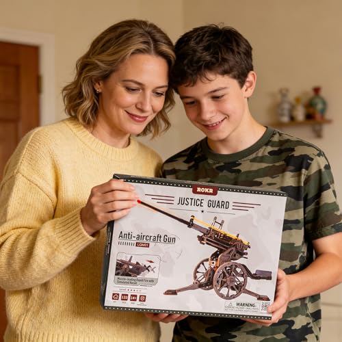 ROKR Anti-Aircraft Gun 3D Wood Puzzle for Adults - Mechanical Rubber Band Shooting Model Kit, DIY Building Set for Teens and Hobbyists, Desktop Decor